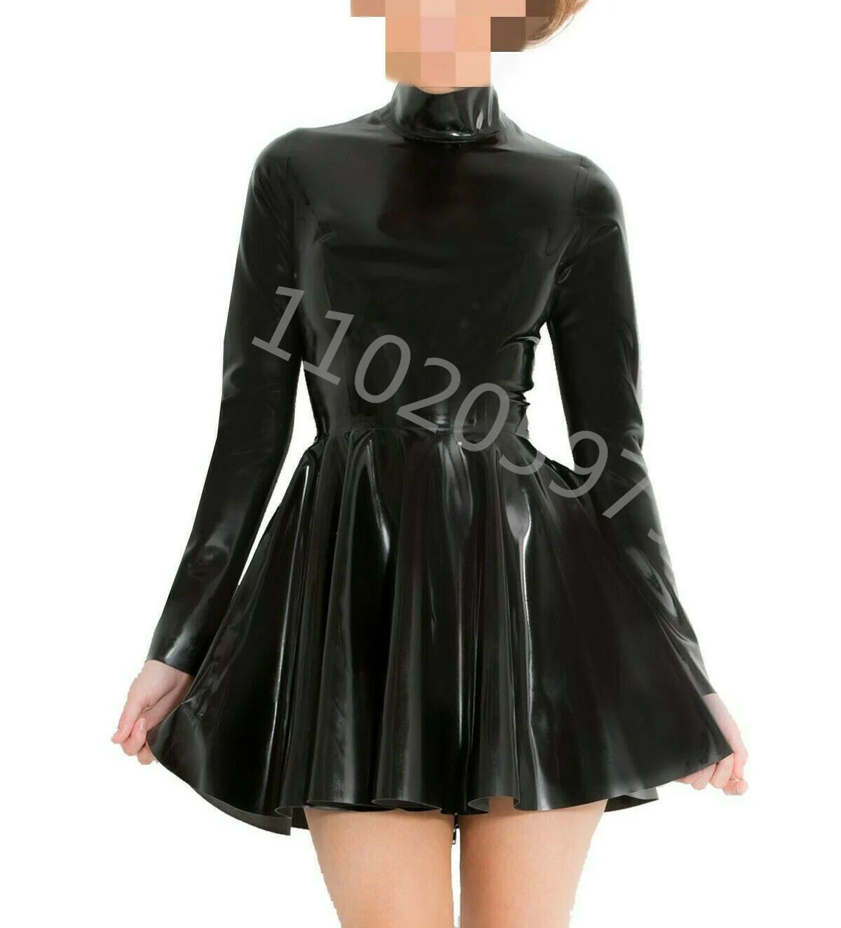 

Latex Rubber long sleeves one piece women latex dress back zip