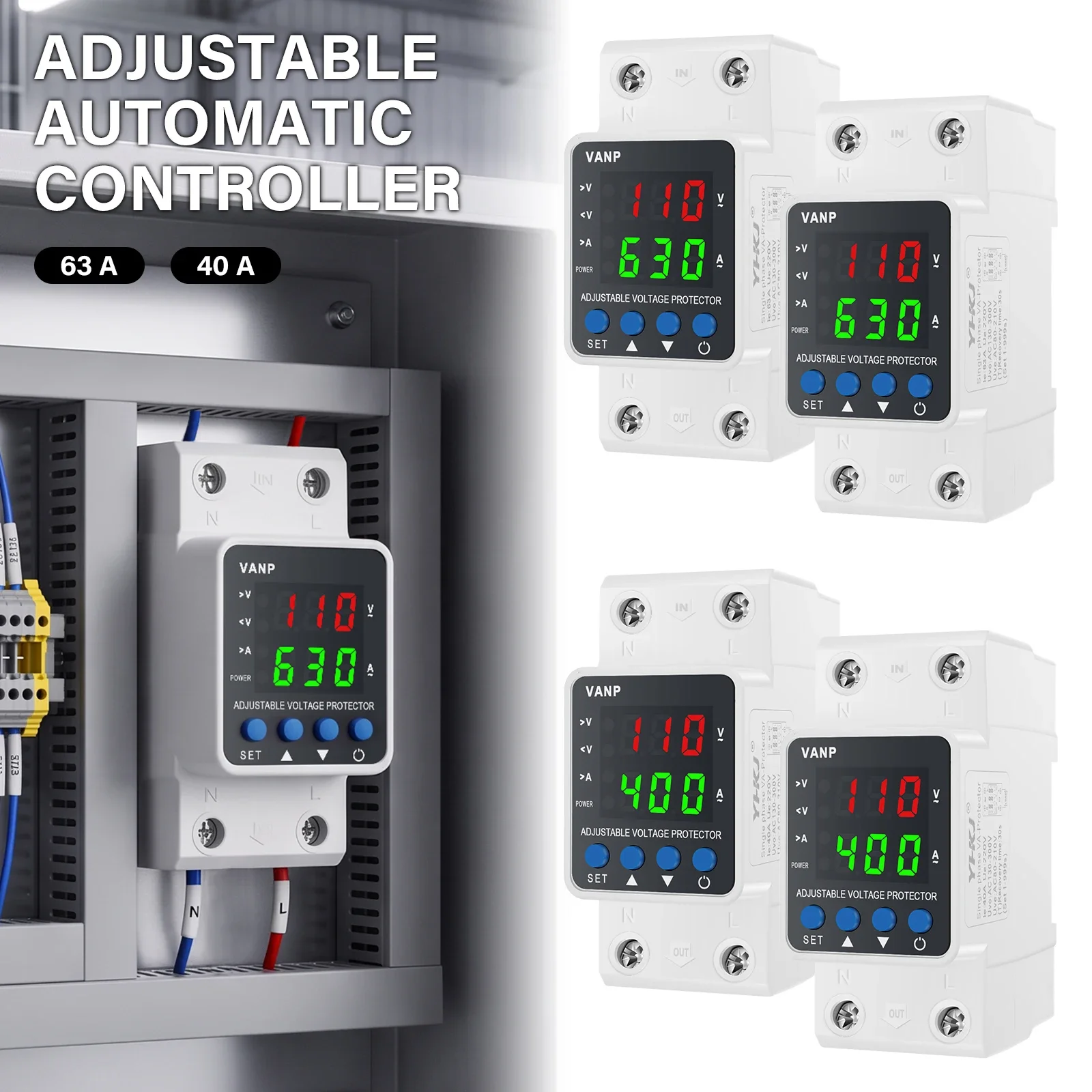 Adjustable Voltage Protector 40A 63A Over Under Voltage Relay AC220V DC300V Din Rail Digital Current Protective Device For Home
