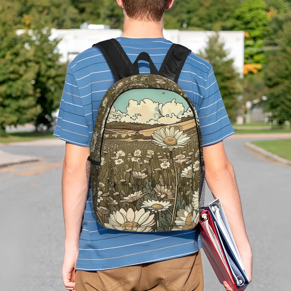 Daisy Flower Pattern Realistic Backpack Student BookBag Children School Bag Laptop Shoulder Bags for Men Women