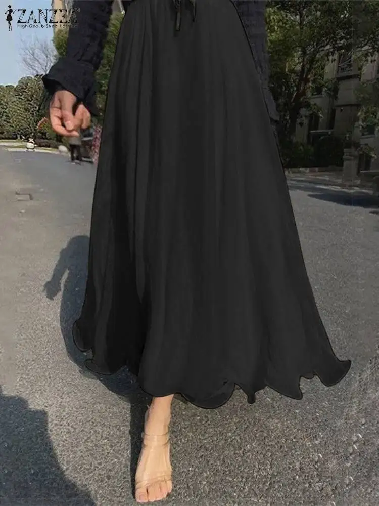 

ZANZEA Holiday 2024 Summer Long Jupes Women Solid Swing Skirts Fashion High Elastc Waist Faldas Korean Pleating A-line Skirts