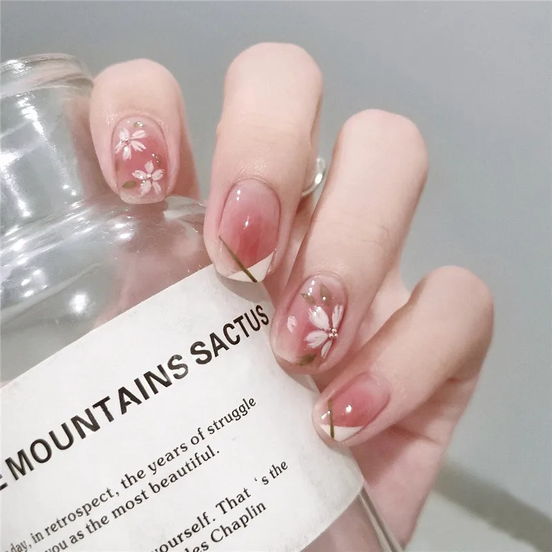 Powder blusher Summer Nail Enhancements Cherry Blossom Powder Wearing False Nail Pieces Removable Women Nail Enhancements