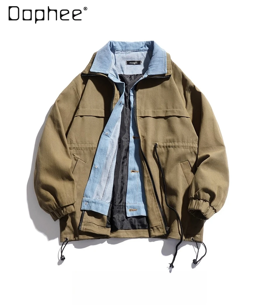 

2024, весенне-осенняя мужская джинсовая лоскутная куртка в японском стиле, зеленая, черная, искусственная куртка из двух предметов, рабочая одежда, свободная повседневная куртка цвета хаки