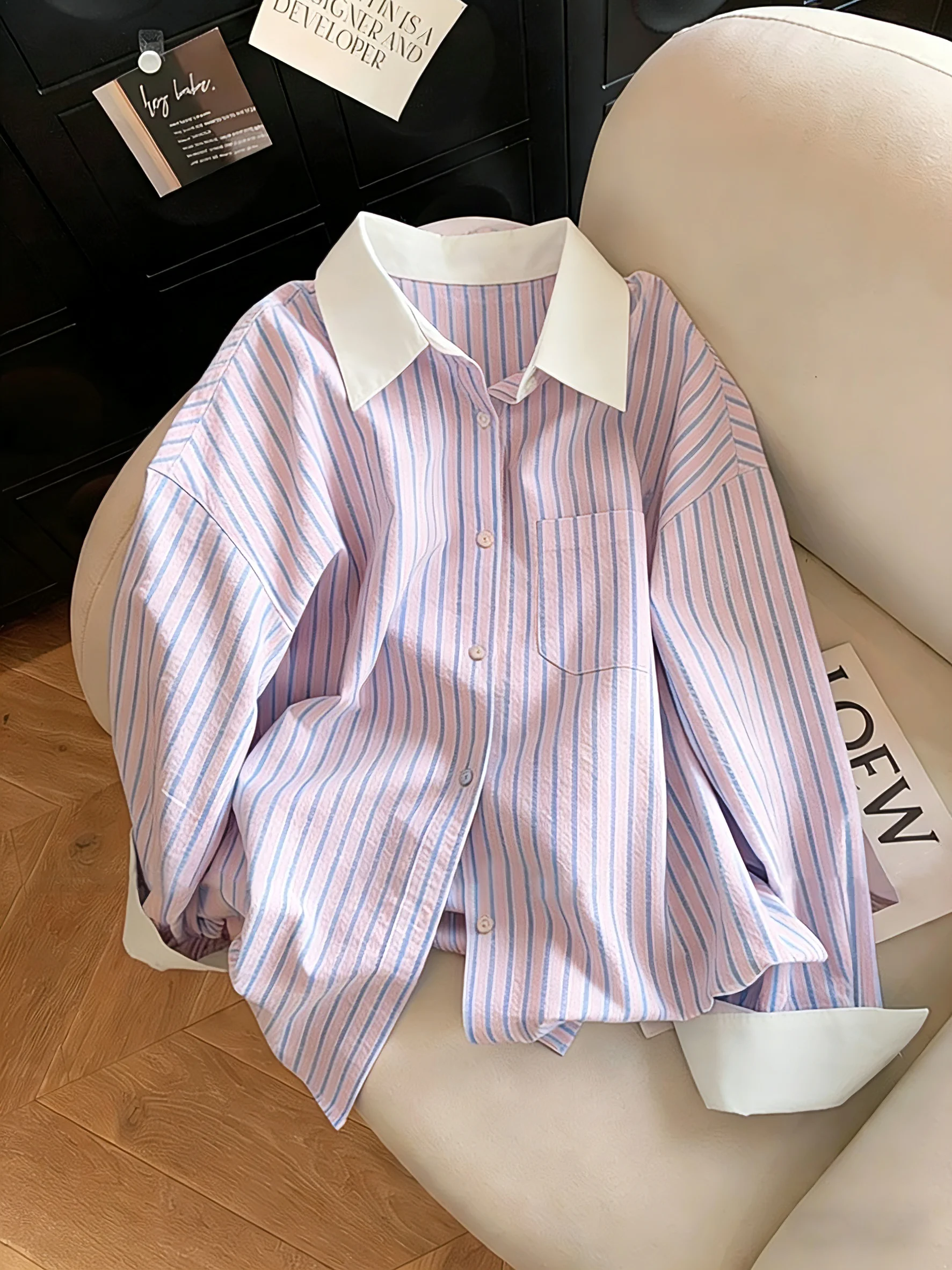 

Повседневная свободная полосатая рубашка с воротником и вставками, фиолетовый градиент, весенне-осенний дизайн, универсальная, удобная, модная