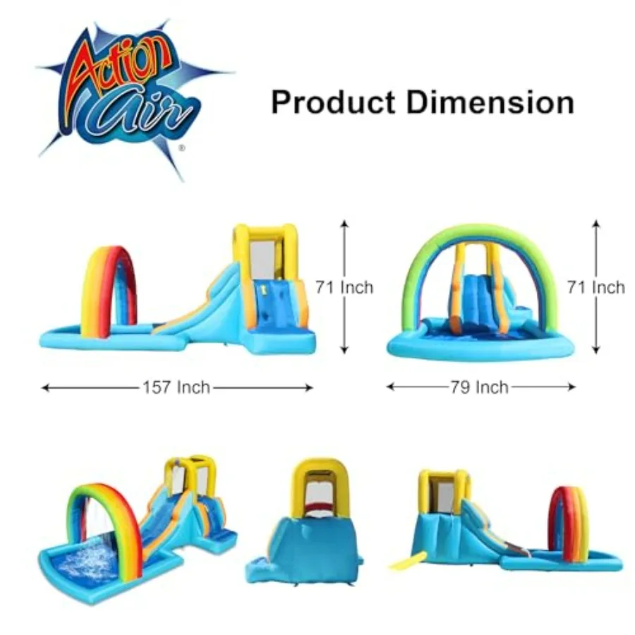 Inflatable Water Slide for backyard use, PVC material, rainbow color, dual wet/dry functionality and splash pool included