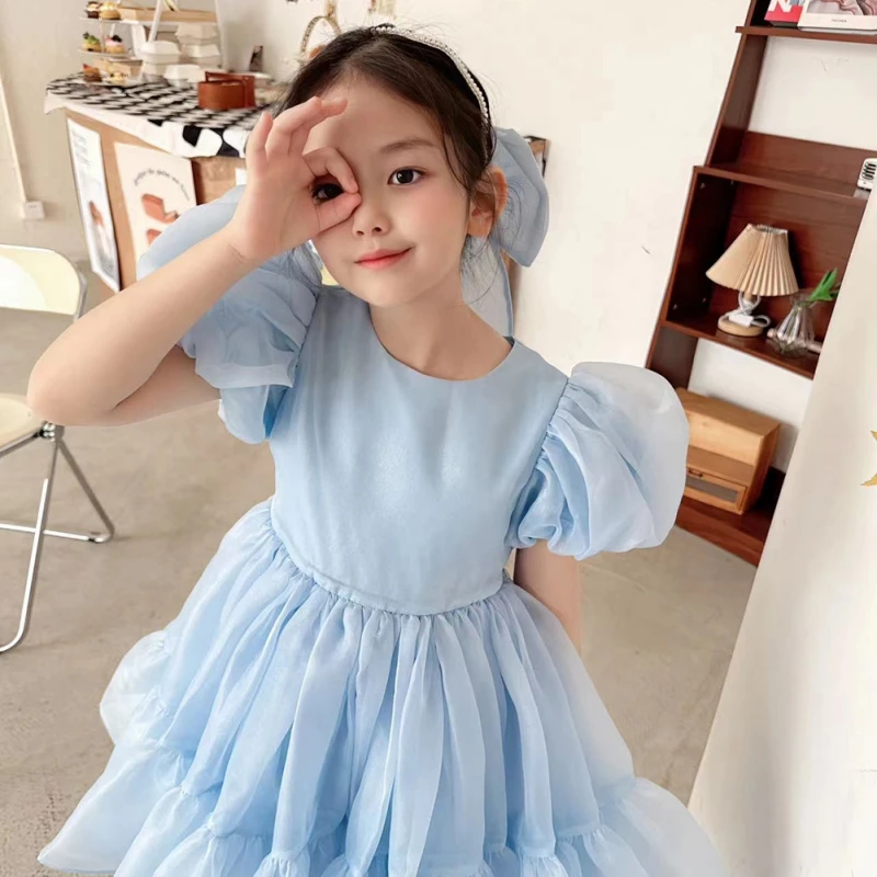 2-7Y Children Girls Summer Dress Bubble Sleeve Birthday Dresses Party Princess Gown Baby Clothes Toddler Girl Dresses