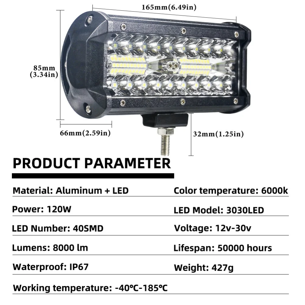 

7-inch Work Light, 40 LED Bulbs, Three-row Long Strip Light, Modified Off-road Vehicle Light, Roof Light, Plastic For Motorcycle