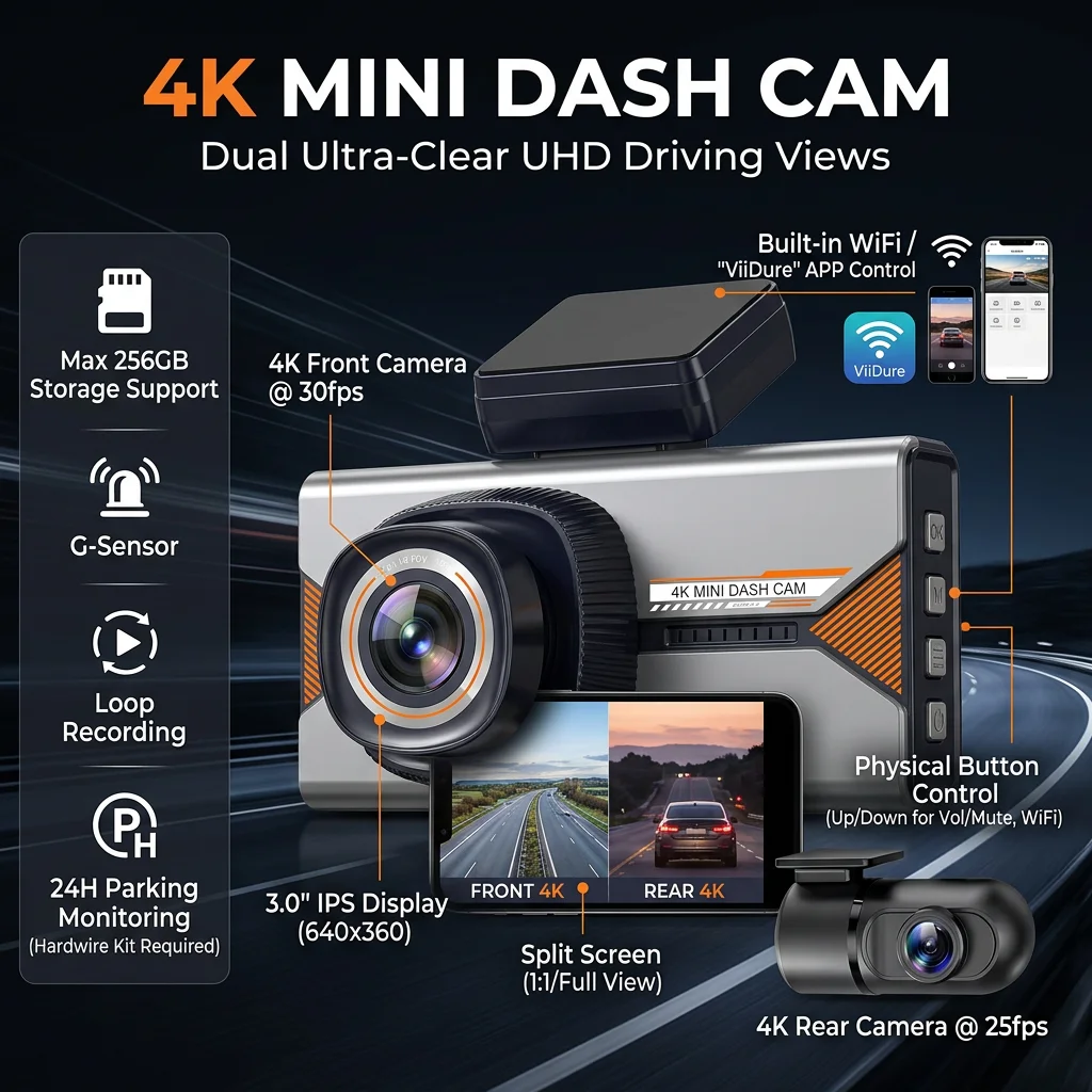Dual Camera with 4K Front and Rear Dash Cam GPS tracker WiFi Camera Car Video Recorder Night Vision 24H Parking Monitor