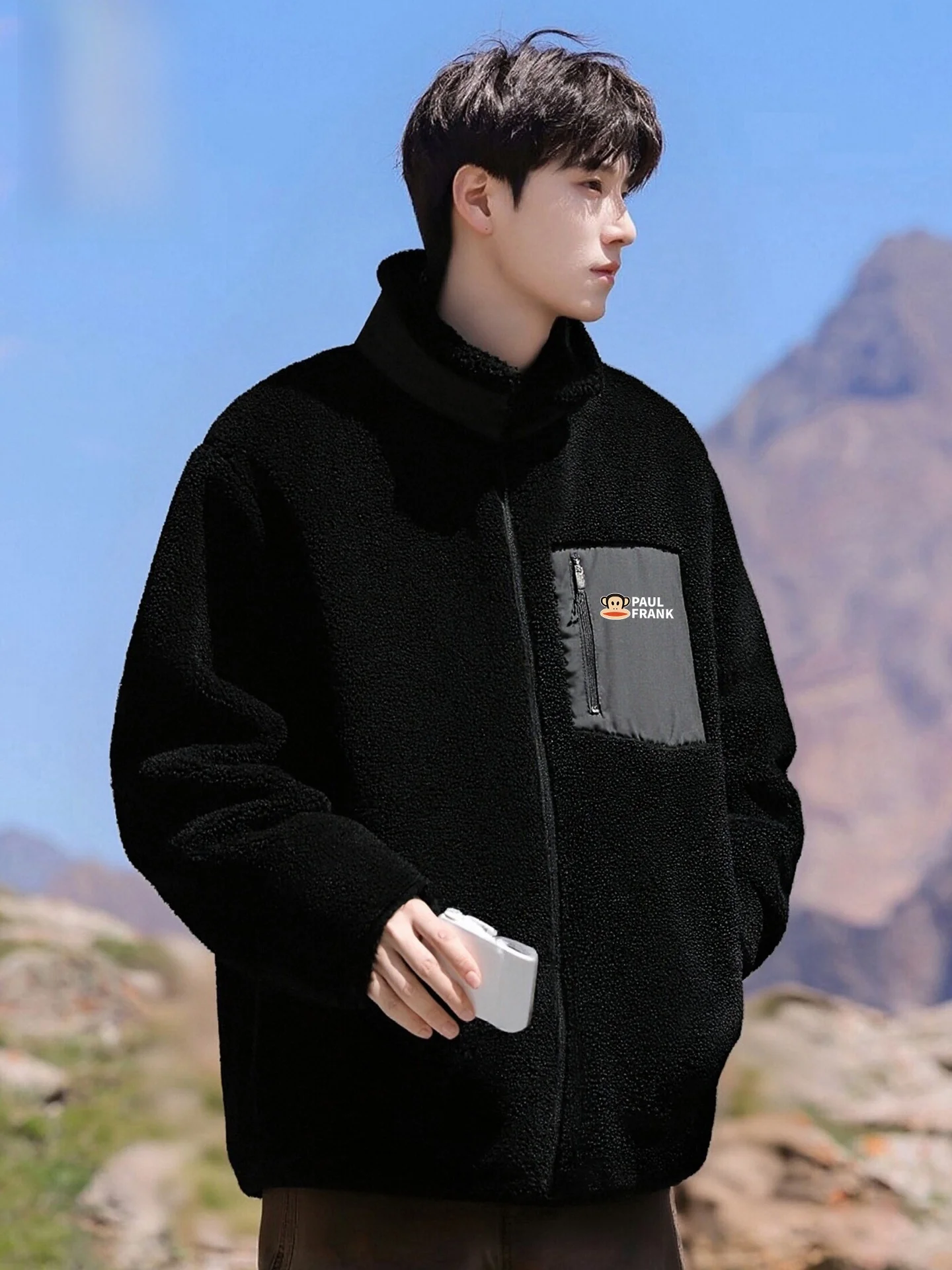 

Thiened Fce Jaet Men's Faionable Patchwork Stand Collar Winter Coat Warm Stand Fit Long Sve Zipper