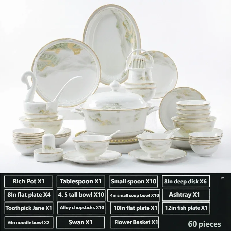 Tableware Set River And Mountain Scenery 18/38/56/60pcs Ceramics Dish Sets Full Set Luxury China Dinnerware Set For 4/10 Persons