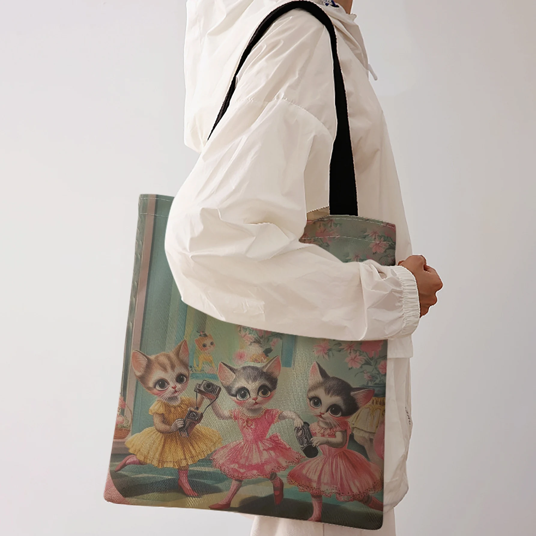 Ballet Kittens Print Tote Bag With Black Handles Large Shoulder Handbag For Shopping Daily Use