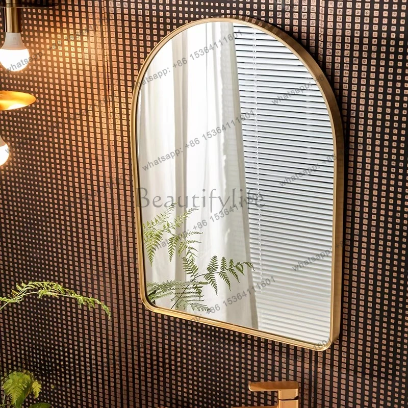All-copper arched mirror Wall-mounted waterproof and explosion-proof rounded corner decorative mirror Modern simplicity