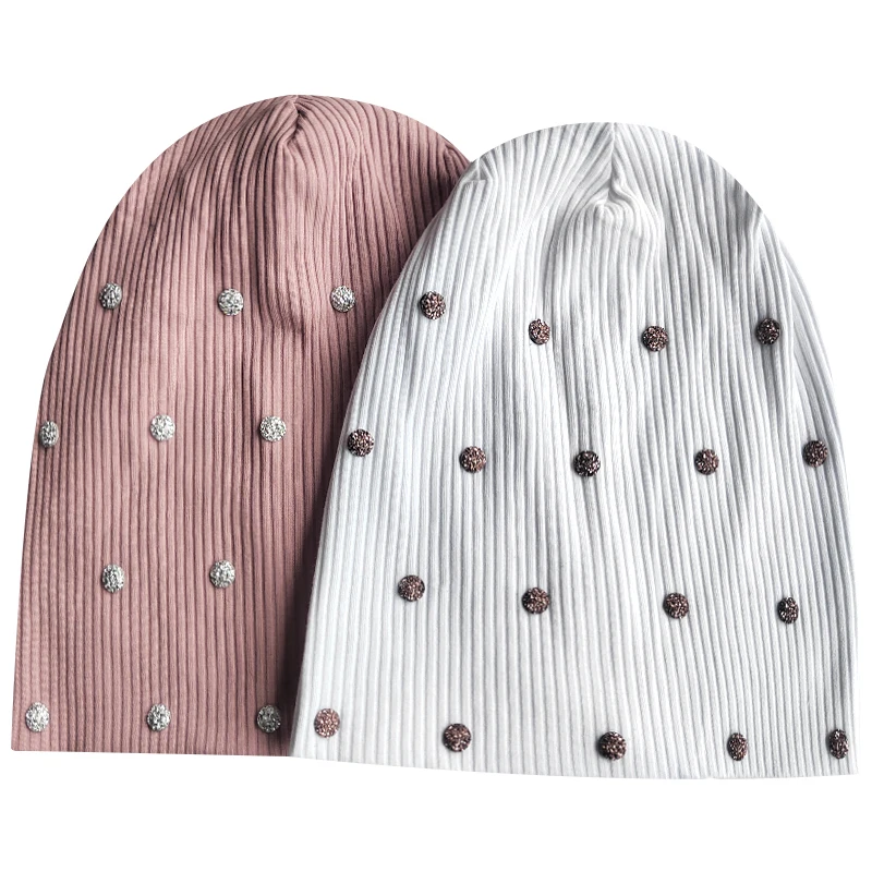 Geebro New Soft Rhinestone Sequins Women Ribbed Cotton Beanie hat Spring Autumn Casual Knit hat for Ladies Baggy Stretch Hats