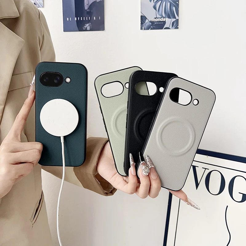 

For Google Pixel 9A Plain Leather Wireless Charging Magnetic Case Cover Back Camera Lens Protection Fundas Para Pixel 9 9 Pro XL