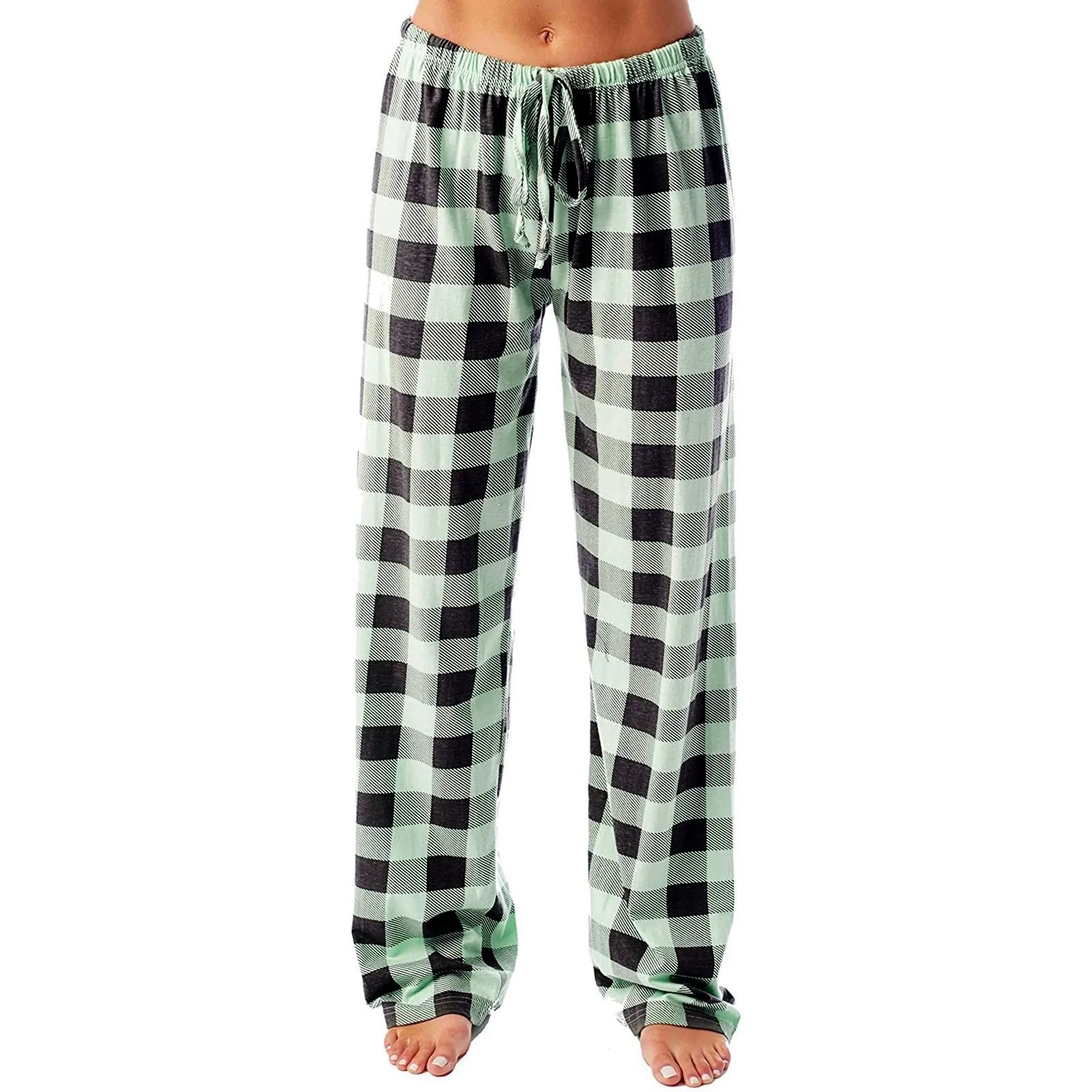 Women Pajama Pants Casual Comfortable Micro Elastic Plaid Home Pants Drawstring Elastic Waist Loose Wide Leg Trousers пижама