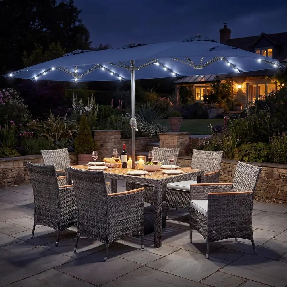 

9 Pieces Rattan Outdoor Dining Set with 13t r Patio Umbrella or 6, Outdoor Wicker Table Set with 8 Cushioned Chairs, Acacia Wood
