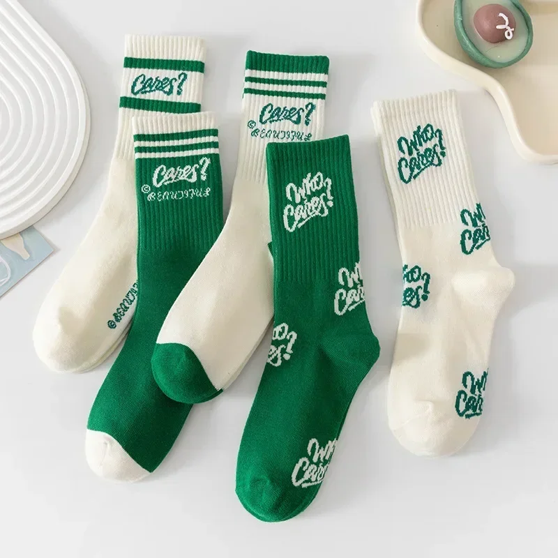 New Green Socks Cotton Japanese Mid-Tube Socks for Women Men Ins Trendy Autumn Winter Sports Letter Striped Harajuku Socks