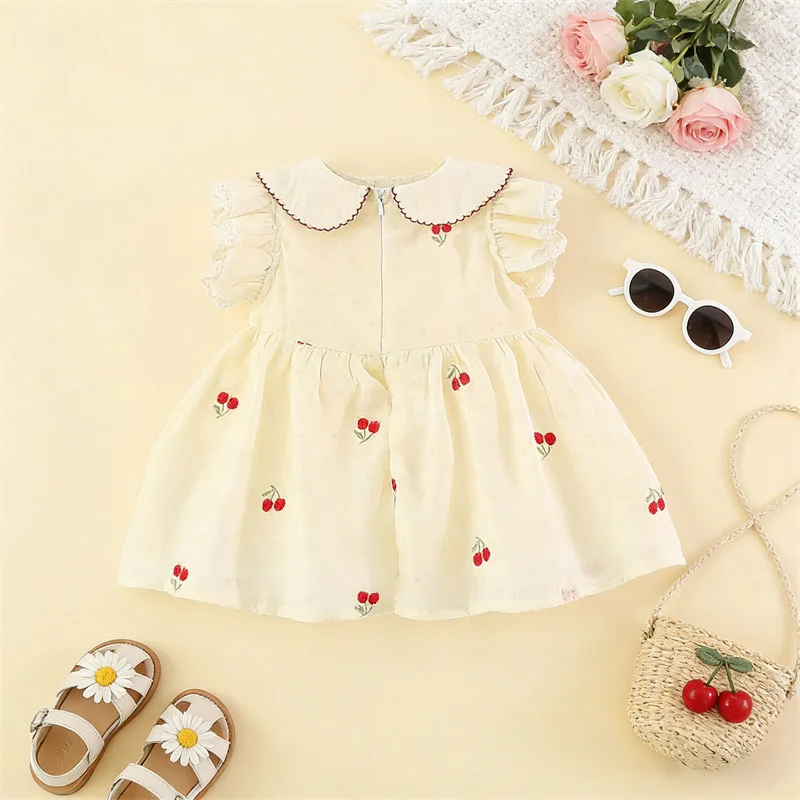Toddler Girl Strawberry Cherry Embroidered Dress Infants Sleeveless Sundress Cute Summer Outfit For Baby Kids 0-4T Children Wear
