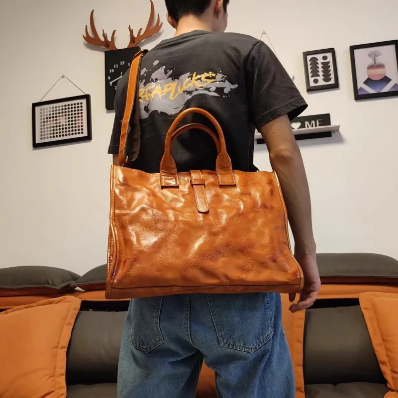 Maleta de couro genuíno para homens, bolsa de couro real, simples e vintage, casual e empresarial, designer e luxo, laptop e trabalho, bolsa mensageiro