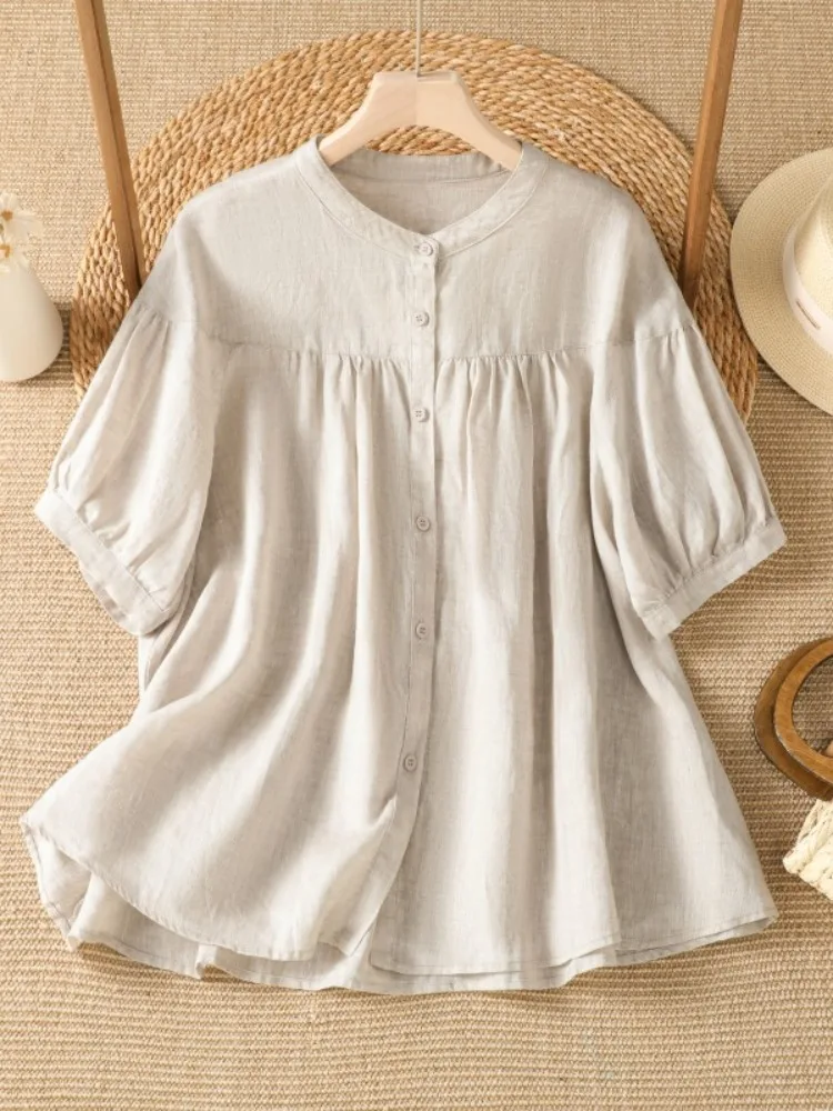 

Retro Pleated Doll Shirt Cotton Linen Half Sleeve Women's Summer Forest System Sweet Cute Blouse Small Top Casual Style