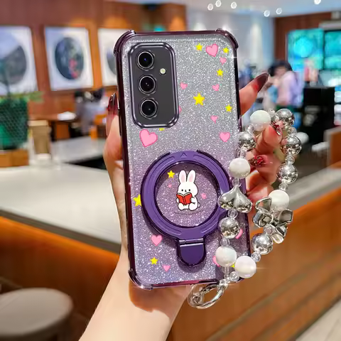 Luxury Jewelry Strap Glitter Book Rabbit Phone Holder Case For Samsung Galaxy S24 S20 S21 S22 S23 S25 FE Note 10 20 Plus + Ultra
