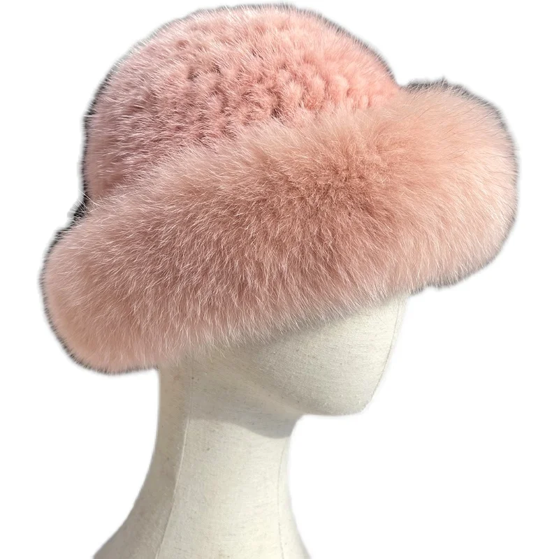 Winter Real Mink Fur Hats with Genuine Fox Fur Trim Women's Cap Luxury Beanies Knit Bucket Hat