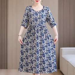 Casual Summer Women's Dresses 2024 New Half Sleeve Vintage Print Long Dress Female Summer Clothes High Quality