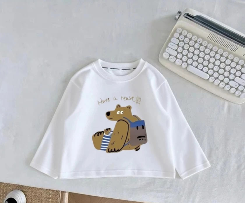 Small Toddler Leisure Bear Basic Long Sleeve Tops Kid Crew Neck Long Sleeve Tee Cute Backpack Bear Print Clothing Kid T-Shirts