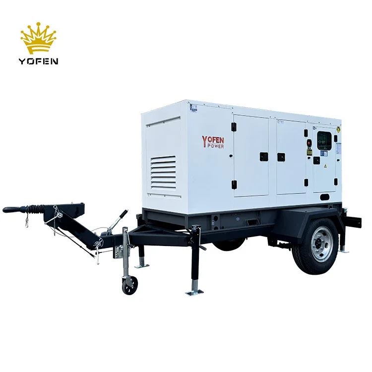 مولد ديزل فائق الصمت 30/40/50/80/100kva KW 50hz مخزون مولد ديزل مولد عازل للصوت مع مقطورة للحفلات الموسيقية