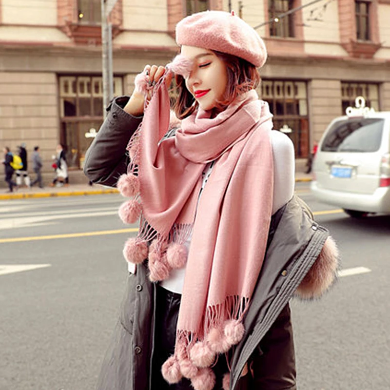 Women Warm Scarf with Rabbit Fur Ball Pashmina Thick Scarves Shawls Winter Cashmere Pompom Scarf Ladies  Oversize Blanket Wrap