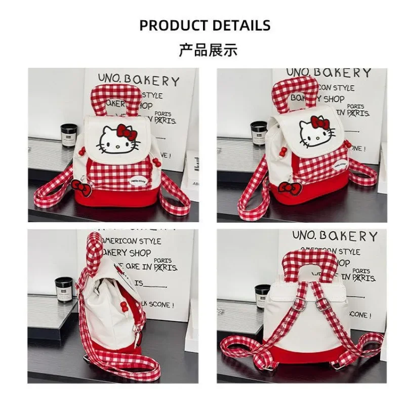  Kawaii Hello Kitty Backpack for Women Nylon Fabric School Bag with Bow Tie Pendant Portable Lightweight