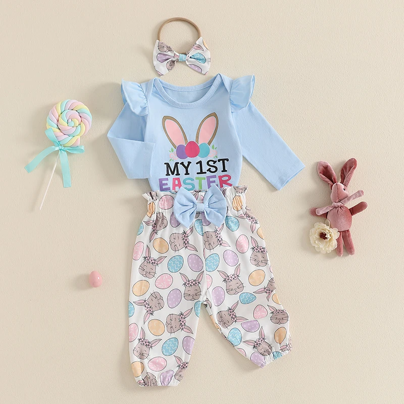 Baby Girls Easter Outfits Long Sleeve Romper Bunny Print Pants Headband Set Infant Clothes