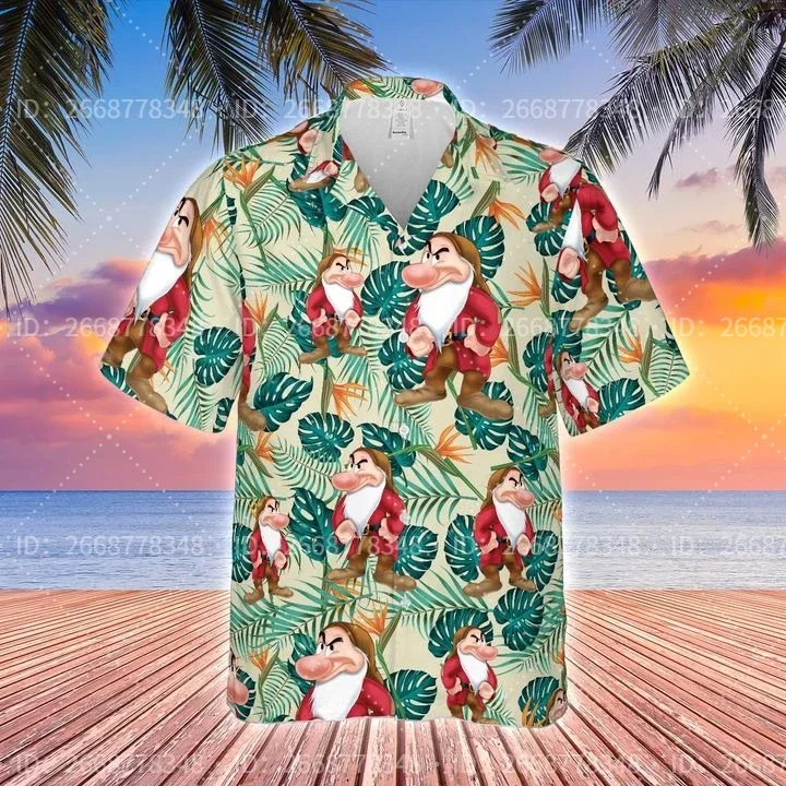 2024 Summer Disney Grumpy Dwarf Snow White Hawaiian Shirts Disney Fashion Beach Short Sleeve Shirt Retro Casual Button Shirt