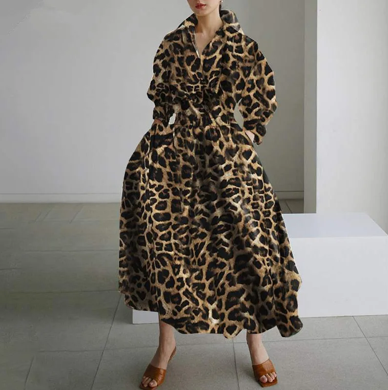 Leopard Print Cotton And Linen Shirt Dress Women Loose Solid A-Line Cardigan Long Dress Pockets Elegant Casual Oversized