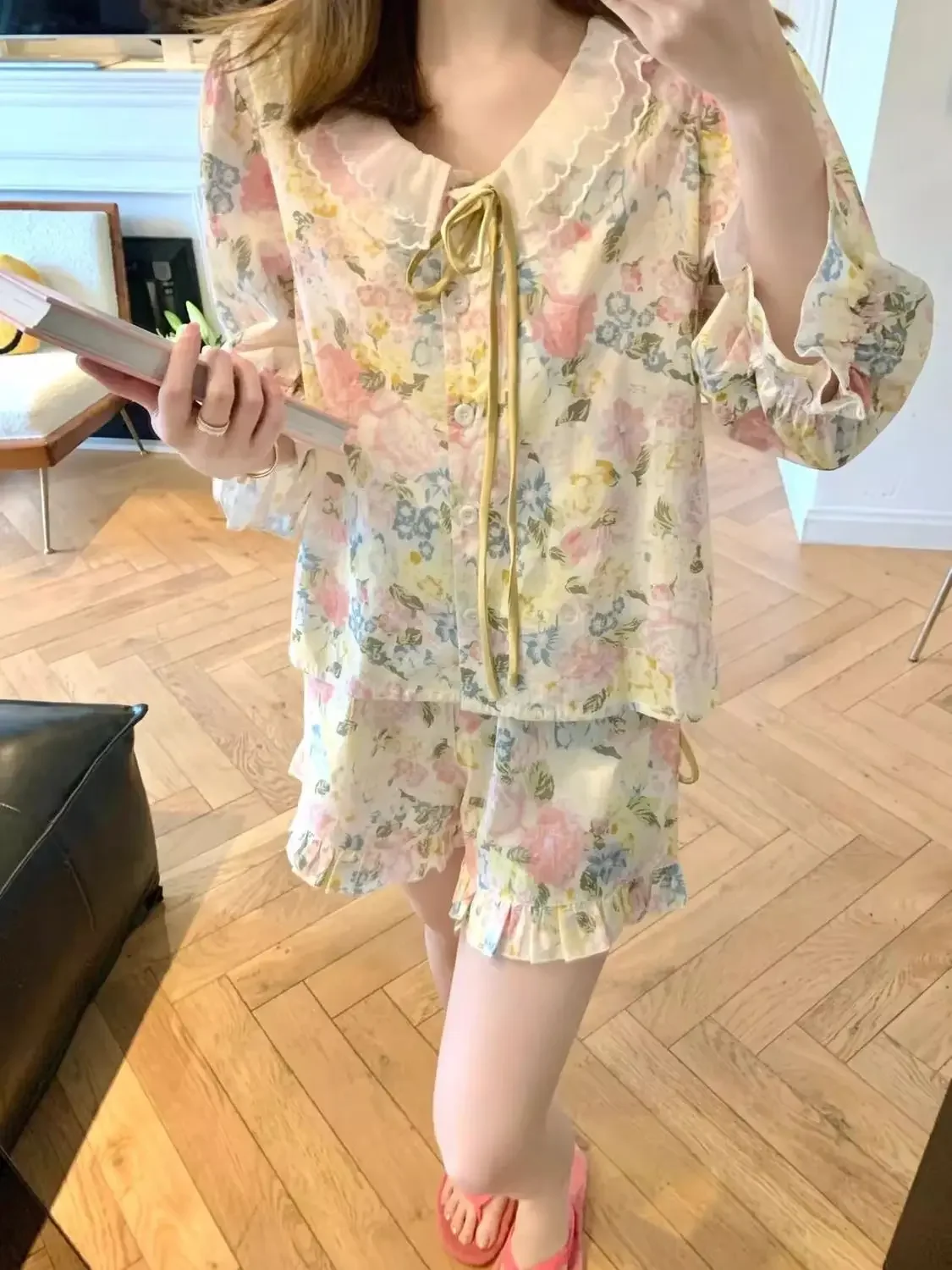 Korejepo French Retro Long Sleeved Sleepwear Women Summer Popular Online Style New Sweet Oil Painting Girls Rose Home Set