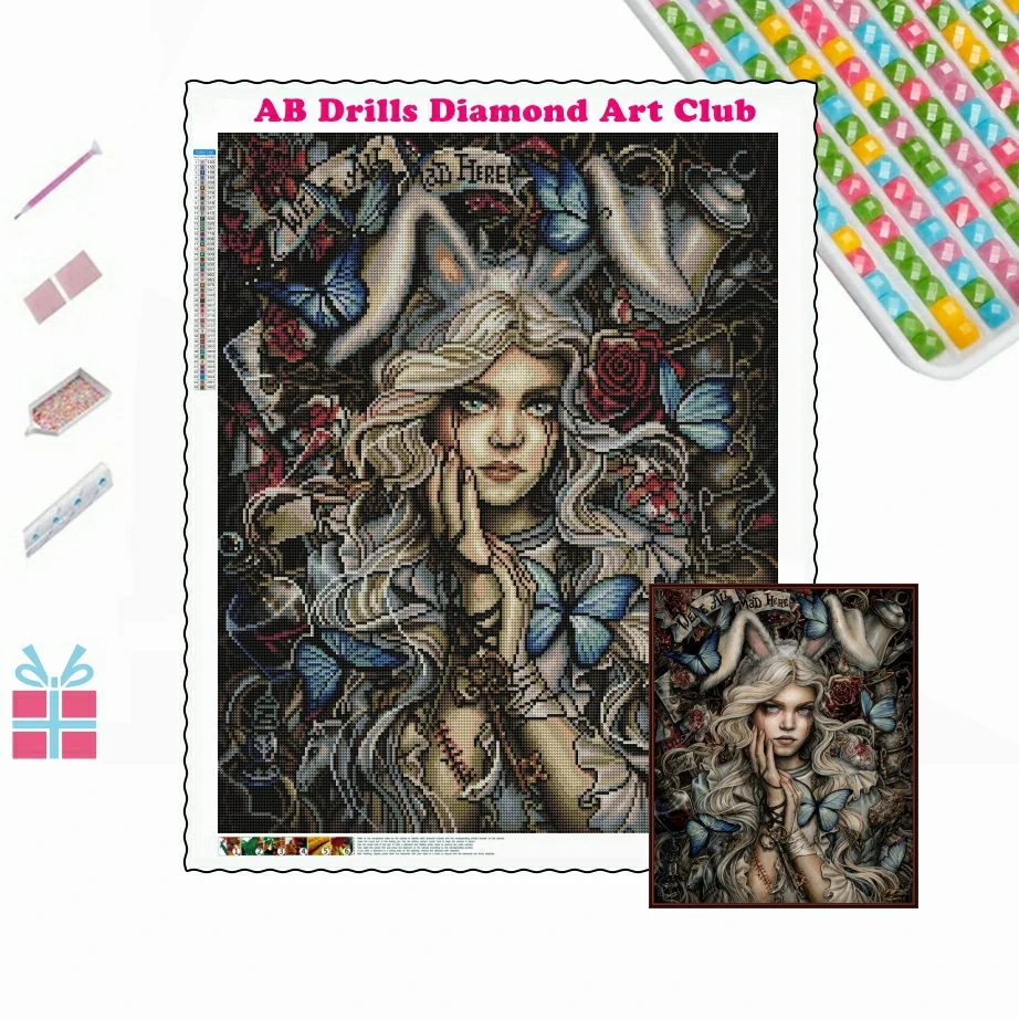 Dark Alice 5D DIY AB Drills Diamond Painting Fantasy Witch Girl Full Square Round Art Cross Stitch Mosaic Embroidery Home Decor