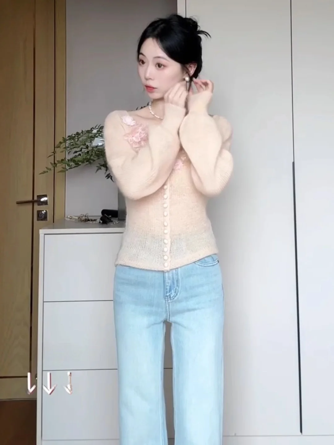 

Sweet Pink 3D Flower Knitted Sweater Women's Autumn Winter Slimming ort Sve Long Sve Top Sli Commute Sle