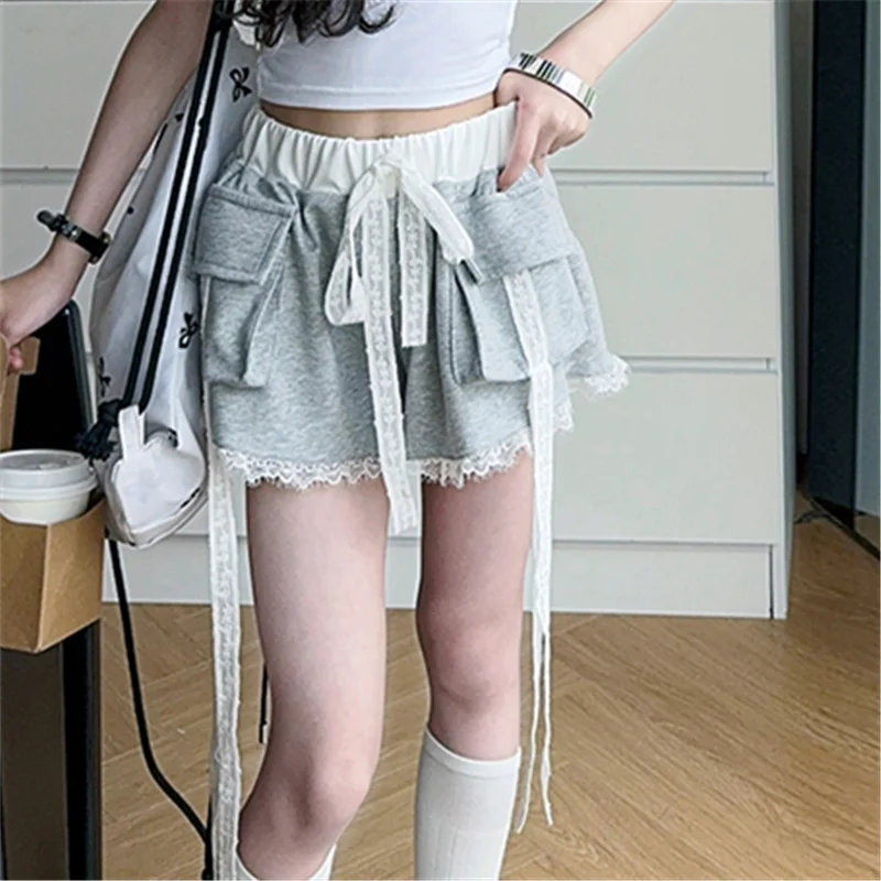 Kids Fashion Design Lace Tape Cargo Shorts With Pocket For Tweens Girl Casual Street Mini Pants Child Trendy Summer Streetwear