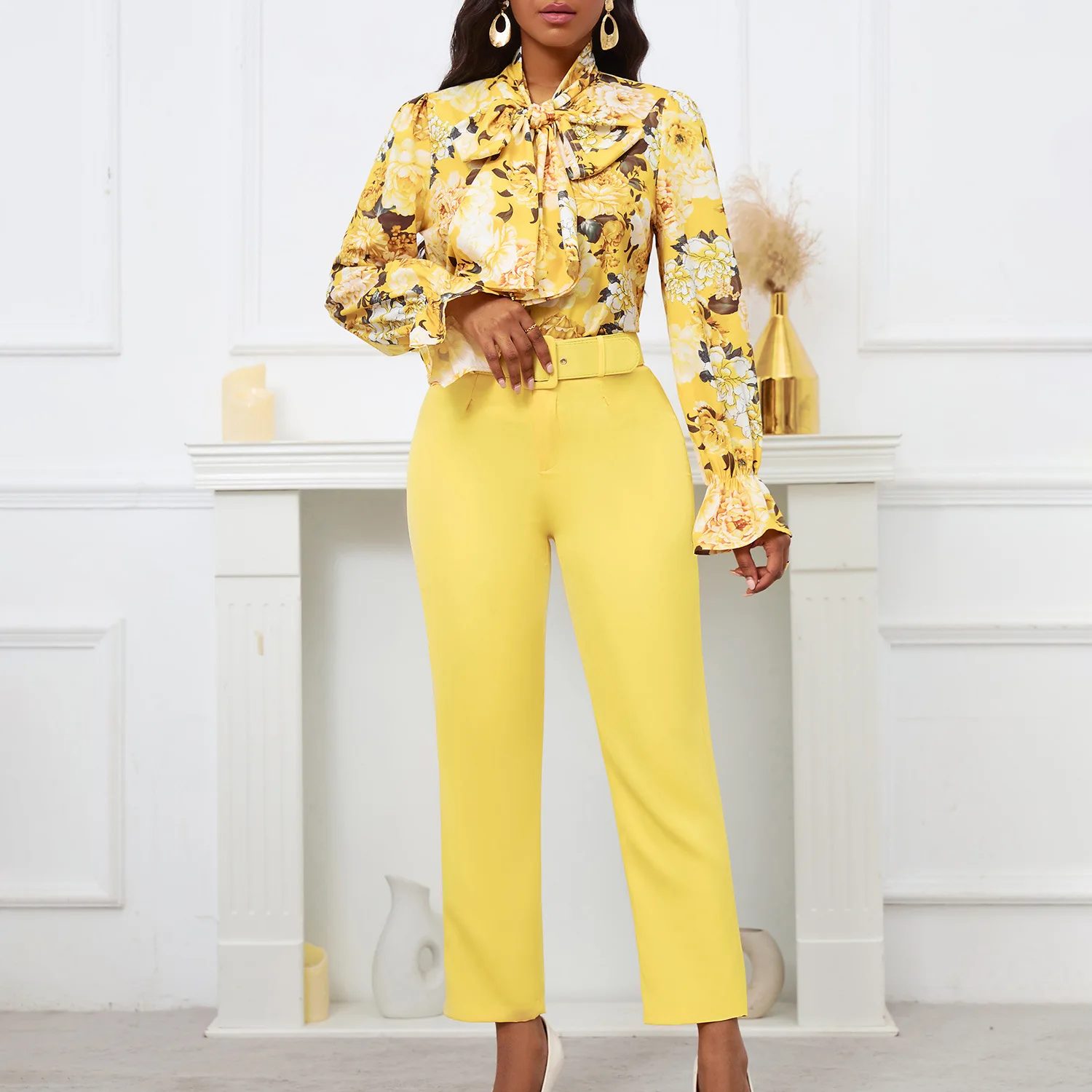 Prowow Slim Fit Office Lady Two Piece Suits Long Sleeve Bow Floral Print Blouses High Waist Pant Spring Women Clothing Set