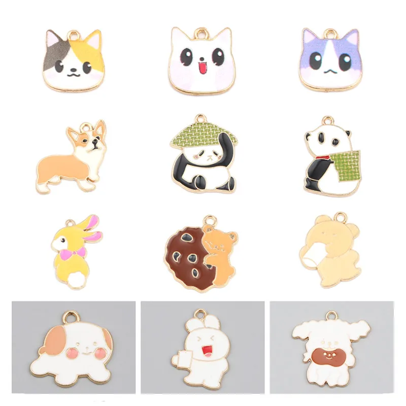 Doreen Box Handmade Cute Animals Dog Cat Panda Rabbit Charms Gold Color Metal Enamel DIY Making Earrings Women Jewelry,10PCs