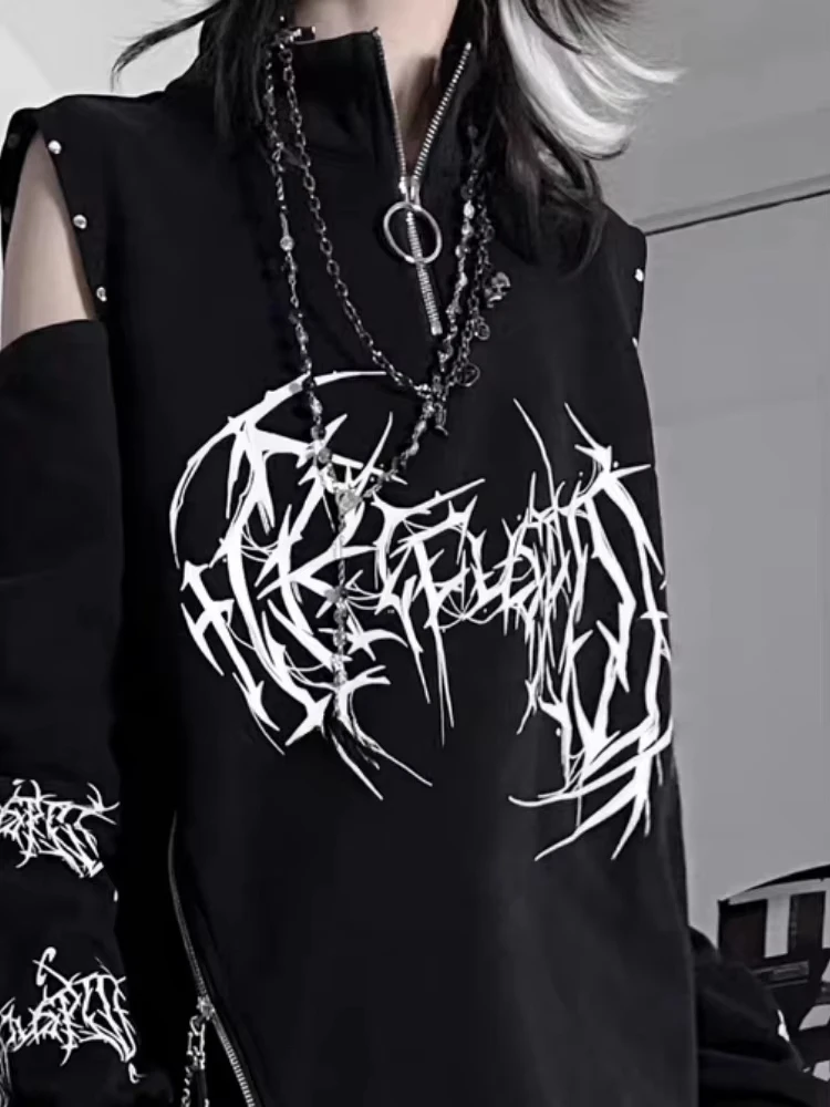 HOUZHOU Y2k Schwarz Goth Grafik Frauen Sweatshirts Punk Harajuku Off Schulter Japanischen Stil Pullover Grunge Ästhetischen Übergroßen