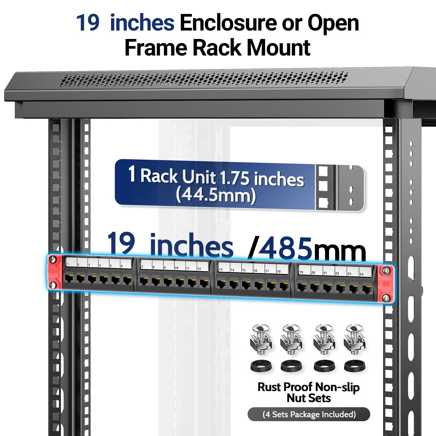 AMPCOM-Prise trapézoïdale UTP RJ45 sans outil, panneau de brassage entièrement chargé, barre arrière, montage en rack, CAT6, CATSnapUTP, 24 ports