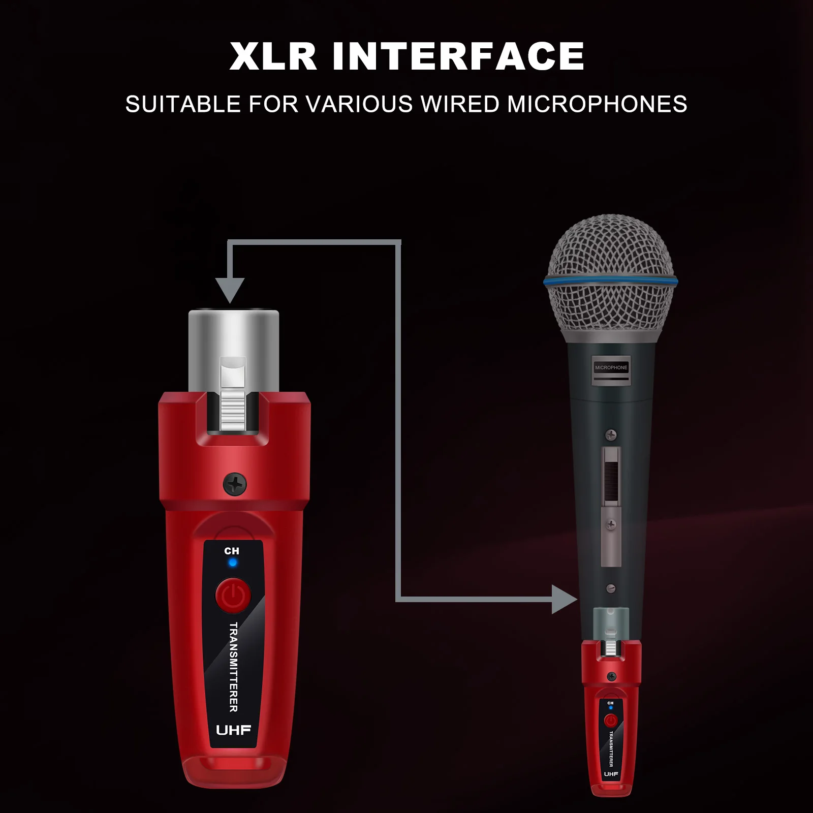 Red Color Professional wireless guitar XLR transmitter and receiver wireless mic system for BETA58 E945 mic audio mixer PA