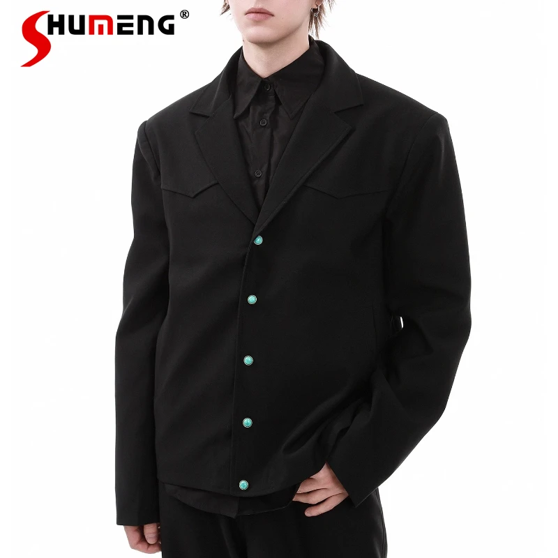 

Men's 2025 Autumn New High-End Button Stylish Jackets Male High-End Turquoise Button Suit Jackets Handsome Simple Tailored Coats