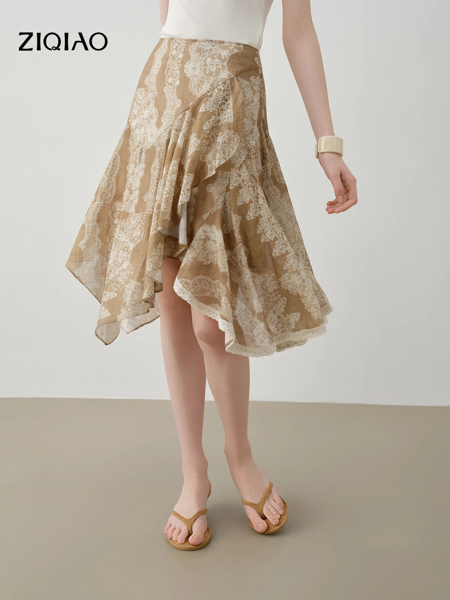 ZIQIAO White Temperament Lace-trimmed Midi Skirt for Women New Summer 2026 Print Skirt Irregular Fairy Vacation Ins