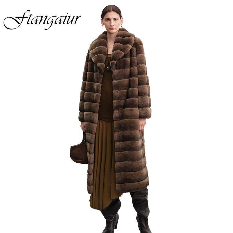 

Новая зимняя импортная шуба из меха кролика рекс Ftangaiur, женская, с длинными рукавами, отложным воротником, в полоску, удлиненная, из натурального меха кролика рекс