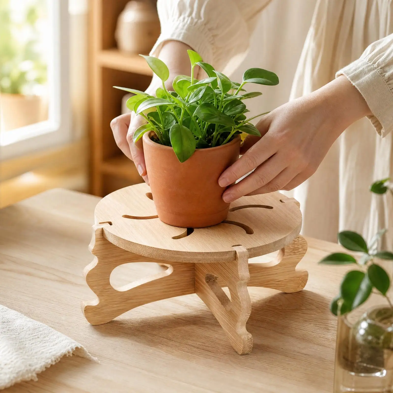 Wooden Bamboo Indoor Decorative Shelf Plant Stand Round Curved Cutout Legs for Balcony Living Room Office Desk