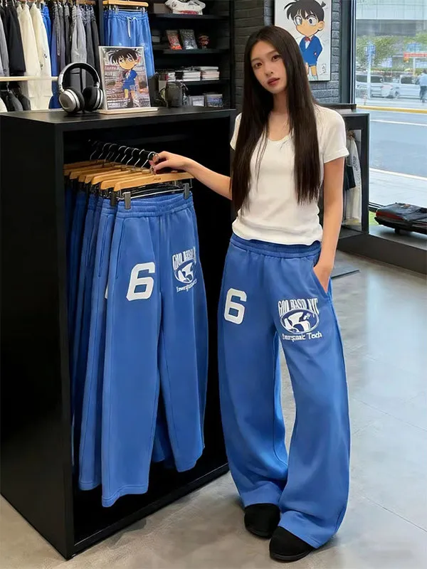 

Синие мужские спортивные брюки с вышивкой, свободные повседневные брюки прямого кроя в американском стиле хип-хоп, широкие брюки на весенний сезон