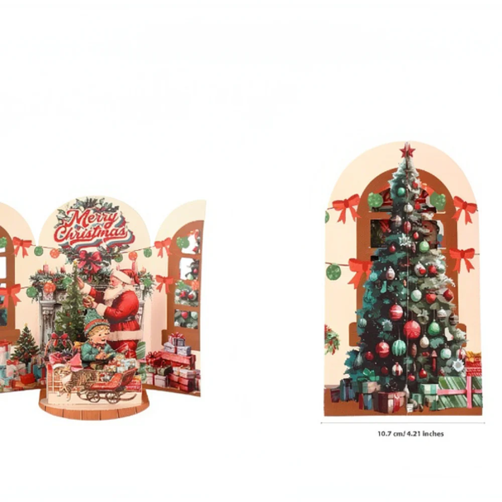 Beautiful 3D Christmas Greeting Card Santa Claus Retro Fireplace Pop Up Paper Craft Holiday Gift Card Decor