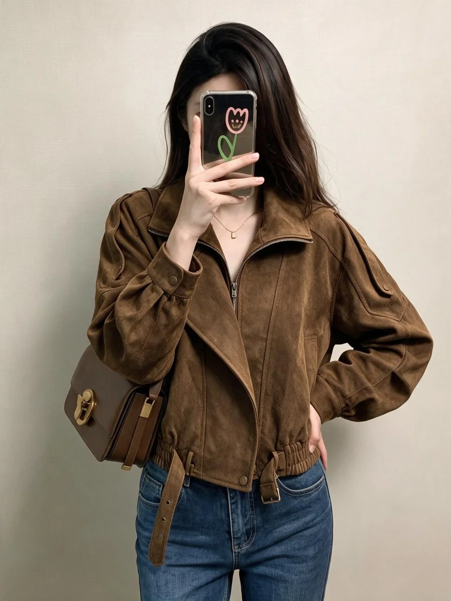 Retro Short Jacket Women's Zipper Biker Style Autumn New Small Size Cool And Stylish Polyester Fiber Long Sleeve Coat