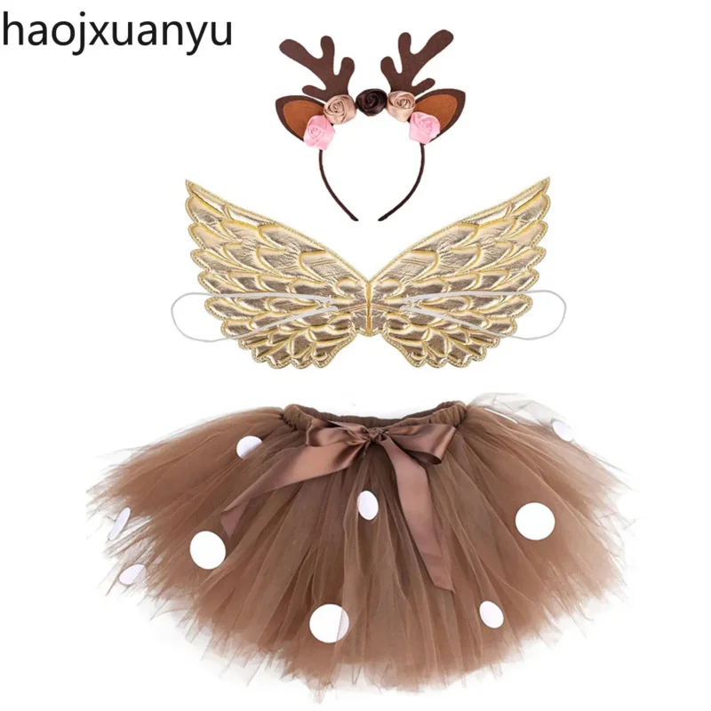 Purim Fluffy Brown Deer Girl Tutu Skirt Christmas Kids Reindeer Tulle Costume for 1 to 12 Y Halloween Carnival Children Outfit